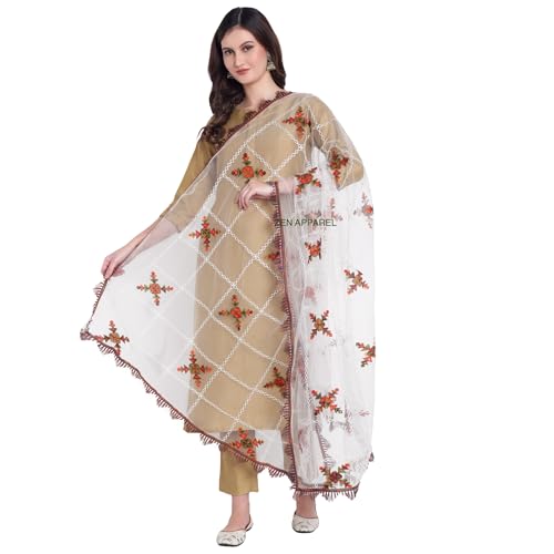 Image of ZEN APPAREL Women's Embroidered Net Dupatta with Lace Borders (Z-101) Premium Net Fabric Golden Aari Work