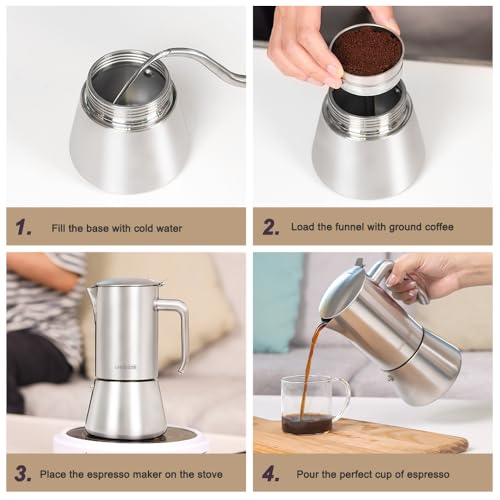 wedrink Stovetop Espresso Coffee Maker 9 Cups Stainless Steel Moka Pot for Greca, Induction, Electric & Gas Stoves(15 OZ/450ml) - Thumbnail 4
