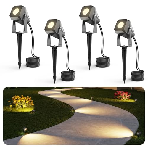 DeckTok Outdoor Landscape Lighting, 4 Pack Outdoor Spotlights, LED Landscape Lights for House Yard Garden Lawn Tree Fence Plant Flags Pathway, 12V 2700K Warm White, IP65 Waterproof