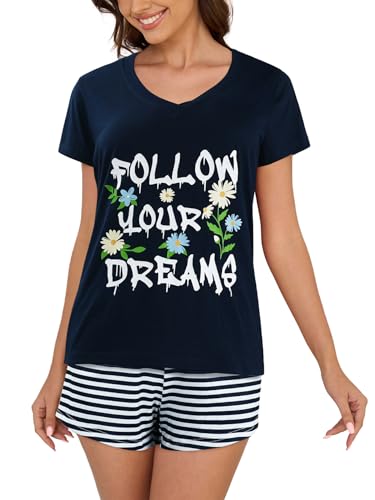 Image of VENTELAN Pajama Set For Women Cute PJS Summer Short Sleeve Shorts Sleepwear