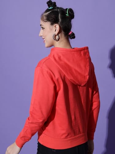 Image of THE DRY STATE Womens Loose Fit Teddy Sweatshirt with Round Neck & Chennile Embroidery Cherry red