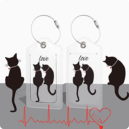 Image of Set of 2 Cat Luggage Tags for Suitcases Women Cute Leather Suitcases Tag with Stainless Steel Loop Privacy Cover ID Label Bubble Travel Bag Tags Luggage Identifiers for Women Men Travel