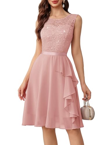 Image of BeryLove Womens Boat Neck A Line Sleeveless Lace Formal Homecoming Dress | Short Dress With Ruffle Hem, Sparkly Design Ideal For Wedding Guest,Bridesmaid Cocktail Prom & Evening Party Events