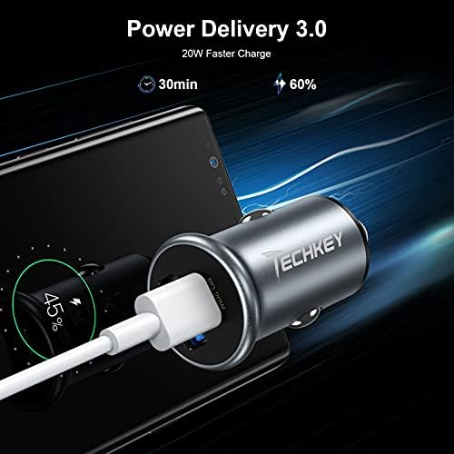 USB C Car Charger, Techkey 38W Dual Port Fast USB Car Charger Type C Compact Power Adapter with Power Delivery & Quick Charge 3.0 Compatible with iPhone/iPad/Samsung etc.