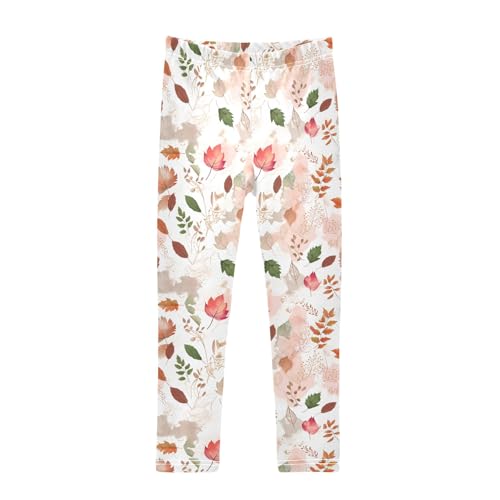 senya Girls Printed Leggings Yoga Pants Watercolor Maple Leaf Pattern for Kids in 4t to 10 Years, 4T