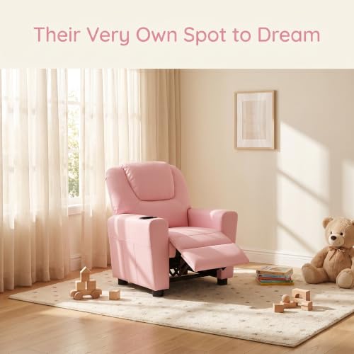 Image of 23 inch W PU Leather Recliner Chair with Cup Holder and Recline, Pink | Mini Recliner Chair Comfort with Adjustable Footrest & Backrest, Youth Boys Girls Recliner for Reading, Gaming, TV, Lounging