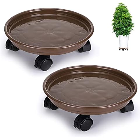 Skelang 2 Pcs Plant Caddy 30cm, Plant Pot Trolley with Brake Wheels, Plastic Planter Roller for Heavy Garden Pot, Plant Pot Stand, Loading Capacity 56kg Each (Brown) Cover