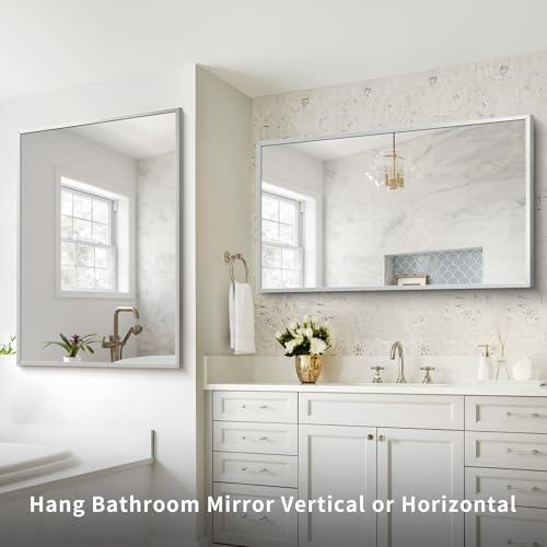 Image of COFENY Silver Bathroom Mirror for Wall, 30x48 Inch Rectangle Mirrors with Metal Frame, Modern Vanity Wall Mirror Decor for Bathroom Living Room, Entryway Hangs Horizontal or Vertical
