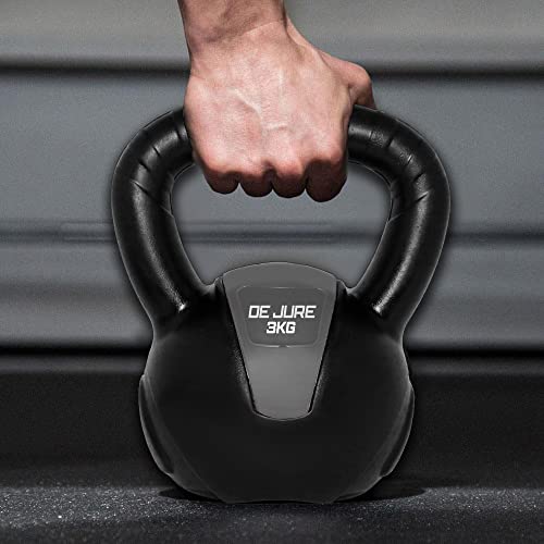 Image of De Jure Fitness PVC Kettlebell 3kg for Men & Women, Strength & Cardio Training, Soft Grip, Crushed Concrete Filled, Full Body Workout Equipment for Home & Gym (Grey Black)