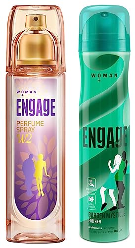 Image of Engage W2 Perfume Spray For Women, Floral and Fruity, Skin Friendly, 120ml & Engage Garden Mystique Deodorant for Women, Spicy and Woody, Skin Friendly, 150ml