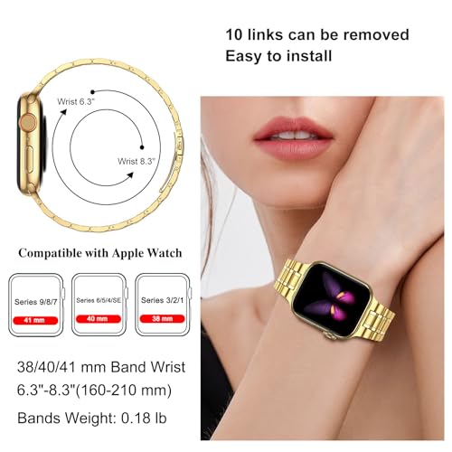 Image of MioHHR Solid Stainless Steel Band Compatible with Apple Watch 38mm(Series 3 /2 /1) 40mm(Series SE /6 /5 /4) 41mm(Series 9 /8 /7) Metal Strap with Soft TPU Case for iWatch Bands for Women and Men, Gold