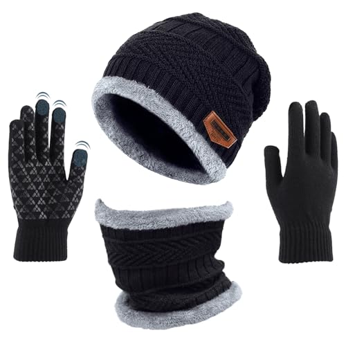 AOUVT Conjunto de Guantes de Pantalla Táctil de Bufanda de Sombrero de Invierno Bufanda de Gorro de Punto Cálida con Forro de Lana Unisexo Sombrero de Beanie Gorro Elástico Guantes Bufanda Set