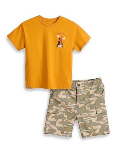 Image of Amazon Brand - Symbol Boy's Graphic Print Oversized Fit T-Shirt and Cargo Shorts (KD-TSB-SS25-10 (6-14 yrs) Mustard + Khaki Camo 6-8 Y)