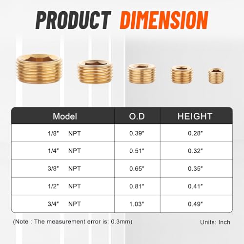 Image of 35Pcs Brass Pipe Fittings Socket Plug Kit,1 /8 inch 1 /4 inch 3 /8 inch 1 /2 inch 3 /4 inch | NPT Male Internal Hex Thread Socket Pipe Plug Assortment Set,5 Sizes