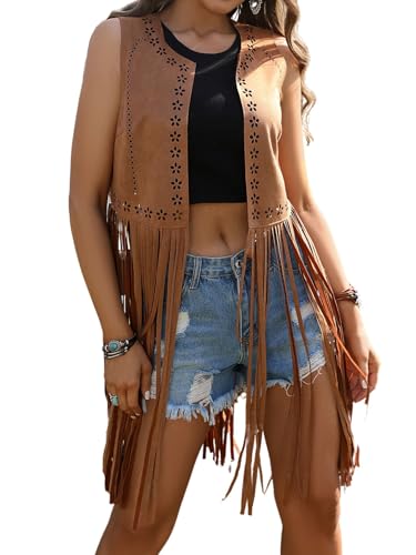 Verdusa Women's Fringe Trim Suede Vest 70S Hippie Open Front Cardigan Jacket - Main Image