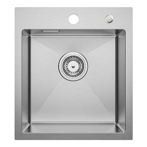 CECIPA Fregadero Cocina 1 Seno, Fregadero 40 x 45 cm con Sifón, Fregadero Acero Inoxidable cepillada Cuadrado, Fregadero Pequeño con 2 Orificios para Grifo, Fregadero Sobre Encimera o Enrasado