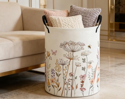 Image of ESSME Kids Laundry Basket,Flower Hamper Collapsible Canvas Waterproof Storage Bin for Girls, Cute Hamper,Gift Baskets(Flower cluster)