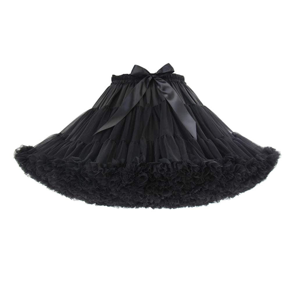 PhilaeEC Women's Elastic Waist Chiffon Petticoat Puffy Tutu Tulle Skirt Multi-Layer Cosplay Fluffy Skirt Underskirt, Length 40cm, Waist 55-95cm (Black)