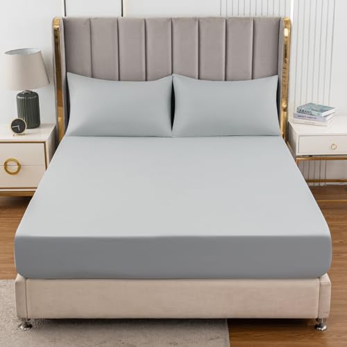 Soifox Grey Double Fitted Sheet Deep Fit, Bed Sheets with Extra Deep Pocket 16 inch (40 cm) - Image 2