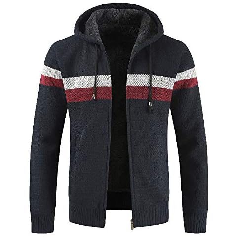 Men's Knitted Jacket Cardigan Long Sleeve Full Zipper Hoodie Sweatshirt Jumper Coat Goosun Autumn Winter Patchwork Midweight Hooded Sherpa Lined Outwear Red,Sky Blue,Navy,Gray Cover