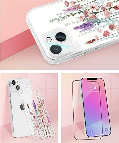 Gronda for iPhone 13 Case Clear with Screen Protector & Camera Lens Protector, Pink Floral Pattern Design Shockproof Soft TPU Cover Slim Protective for Girls Woman iPhone 13 Cases Flower