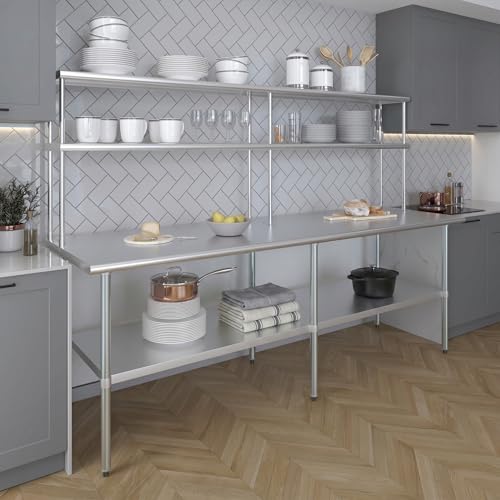 Image of AmGood Stainless Steel Work Table with 12 inch Wide Double Tier Overshelf | Metal Kitchen Prep Table & Shelving Combo | NSF (Stainless Steel Table with Double Overshelves, 96 inch Long x 30 inch Deep)