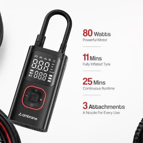 Image of Ambrane Portable & Rechargeable Tyre Inflator with 2-in-1 Cordless & Corded, Powerful 80W Motor, 150 PSI Pressure, 5200mAh Battery, Auto Shut-Off, Fast Charging for Car, Bike, Balls (Turbo+, Black)