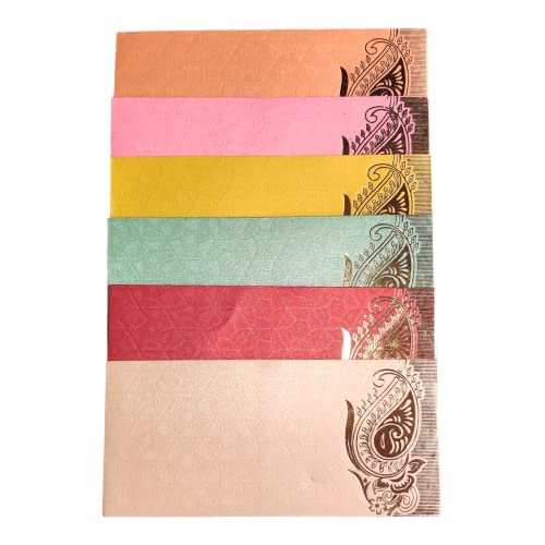 Image of Pack of 50 Matellic 6 Colours of 4 Each Randomly Picked Colourful Designer Shagun Lifafa /Money Gift Envelope with Golden Matellic Keri for Gifting Money on any occasion