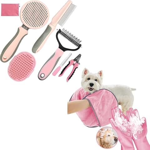 7 PCS Dog Brush for Shedding and Dog Washing Gloves - Quick Drying Dog Towel,Bath Brush for Long & Short Haired Dogs, Cats Pink Cover