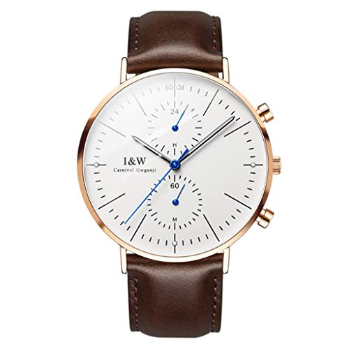 CARNIVAL Relojes para Hombre, Luminoso Impermeable Reloj de Cuarzo Hora Media de Greenwich Zona Horaria Dual Relojes de Pulsera Elegante Sencillo 8787G-5 (Color : Brown-Gold White)