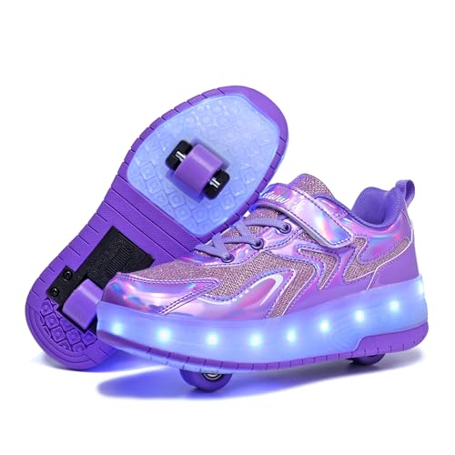 YongerYong Zapatos con Ruedas y LED Luces para Niña, Zapatillas de Skateboard con USB Recargable para Niño, Doble Ruedas Retráctil Skateboarding, Patines Brillantes