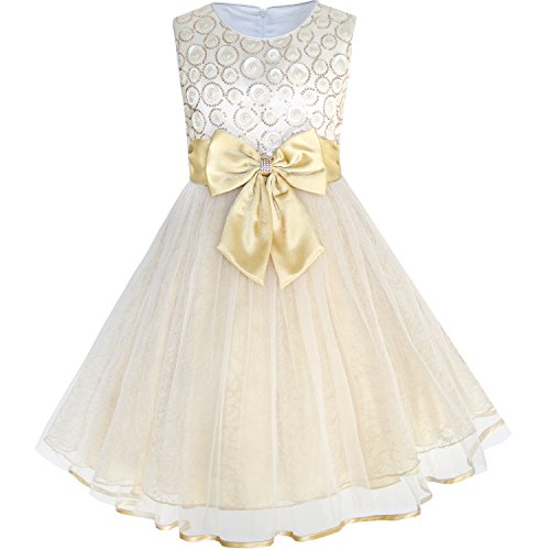 Image of Sunny Fashion Girls Dress Shinning Sequins Beige Tulle Layers Wedding Pageant