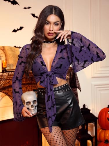 Image of For G and PL Women Tie Front Bell Sleeve Rave Crop Tops Floral Print Hippie Mesh Sheer Shirt
