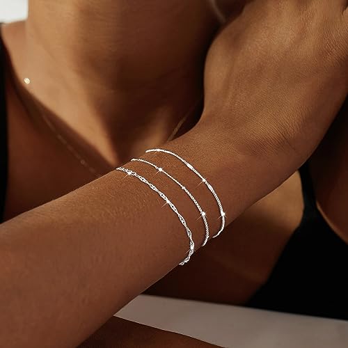 Silver Bracelets for Women, Dainty Stackable Silver Bracelets for Women Trendy Sparkling Waterproof Bracelet Set Gold Adjustable Bracelet Pack Jewelry Gifts for Women3