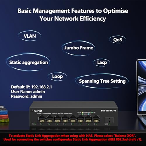 Image of 8 Port 2.5Gb Web Managed Ethernet Network Switch with 8 x 2.5 Gigabit | 1 x 10G SFP+ | Work with 10-100-1000Mbps Devices | 60G Bandwidth | Fanless Quiet Metal Internet Switch