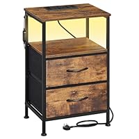 SONGMICS BELLAH Collection - Bedside Table with Charging Station, Side End Table with APP-Controlled Adjustable LED Lights, 1 Open Shelf and 2 Drawers, Bedroom, Rustic Brown and Ink Black LGS302KD03