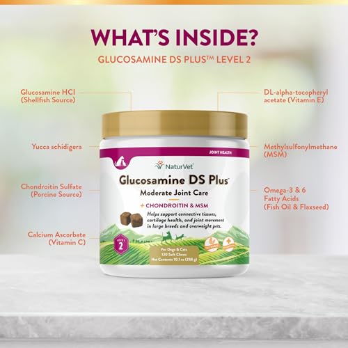 NaturVet Glucosamine DS Plus Level 2 Moderate Gelenkpflege für Hunde und Katzen, 120 ct Soft Chews Made in USA