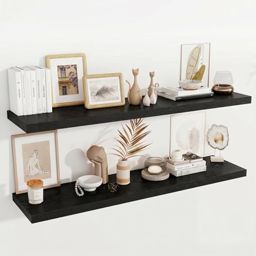 Image of Fun Memories 12 Deep Floating Shelves for Wall, 55W x 12D Extra Large Floating Shelves Set of 2, Hanging Wood Wall Shelves for Living Room, Kitchen, Bedroom, Farmhouse, Laundry Room, Office - Black