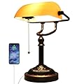 Rizzyluz Rustic Banker's Desk Lamp Pull Chain, Traditional Bankers Desk Lamp with USB Port, Vintage Farmhouse Table Lamp for Home Office Library