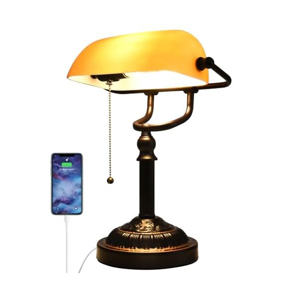 Rustic bankers desk lamp pull chain traditional bankers desk lamp with usb port vintage farmhouse table lamp for home office library  urban country home decor