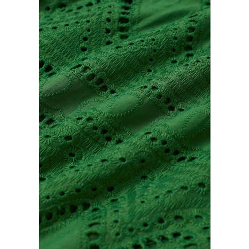 Image of CHICWISH Women Embroidered Eyelet Frilling Midi Dress Cotton V Neck Button Short Sleeve Flowy Summer Green Dress with Belt