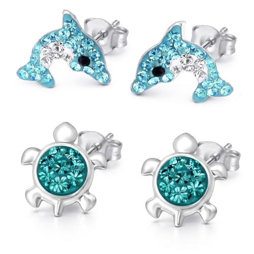 FIVE-D Kinder Ohrringe – Delfin Schildkröte 925 Silber Geschenk Set Kinderschmuck (Blaugrün)