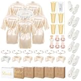 Shyyween 42 Pcs Bridesmaid Bride Robes Set of 6 Bridal Party Silk Satin Robes for Wedding Bachelorette Party Gifts(White, Champagne)