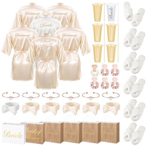 Shyyween 42 Pcs Bridesmaid Bride Robes Set of 6 Bridal Party Silk Satin Robes for Wedding Bachelorette Party Gifts(White, Champagne)