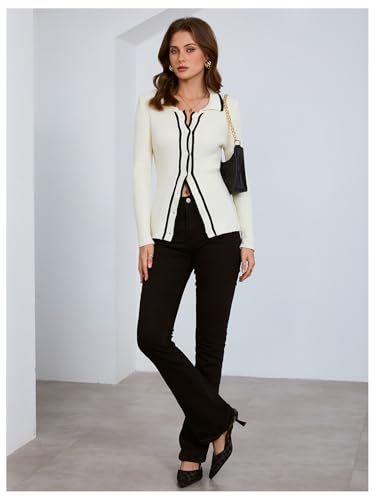 Image of Verdusa Women's Ribbed Knit Button Down Cardigan Collared Fitted Elegant Sweater Outerwear White Medium