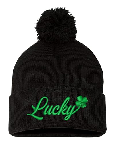 One Size Black Pom Lucky with Shamrock St. Patricks Day 4 Leaf Clover Embroidered Knit Beanie Pom Cap