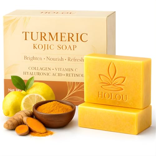 Turmeric Kojic Acid Soap – Luxury Brightening Turmeric Soap Bar 2-Pack for Glowing Skin & Dark Spot Reduction – Natural Exfoliating Tumeric and Kojic Acid Formula – Spa-Inspired Self-Care by Holou