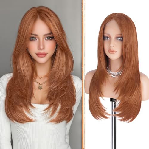 Haloo Copper Wig with Curtain Bangs - Lace Front Hairline Middle Part Long Layered Natural Looking Straight Synthetic Hair Wigs for Women Daily Party 24 Inch Copper Red
