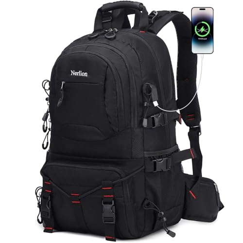 Nerlion Mochila de viagem para caminhada 40L para homens e mulheres acampamento impermeável ao ar livre caminhada mochila leve, Preto, 40L, Mochila de caminhada