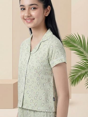 Image of Li'l Tomatoes Girls 100% Cotton Night Suit Set | Half Sleeve Shirt & Pyjama Set | Soft & Breathable Sleepwear | Casual Summer Wear | 9-16 Years